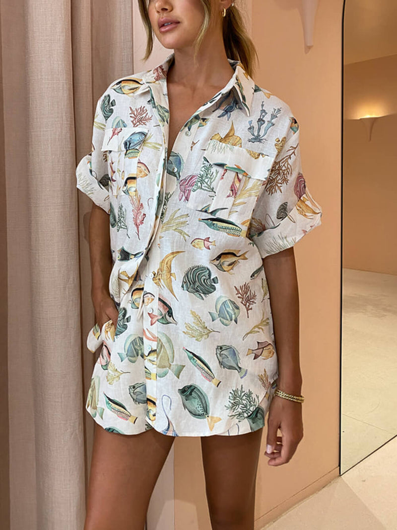 Personalized Fish Print Vacation Short Sleeve Shirt Tie-dye Shorts Set