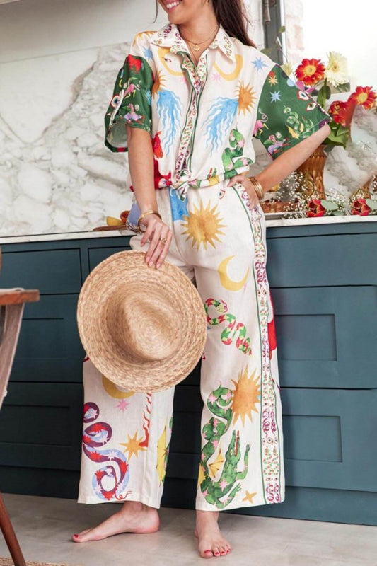 Unique Print Short Sleeve Loose Shirt and Elastic Waist Pants Set