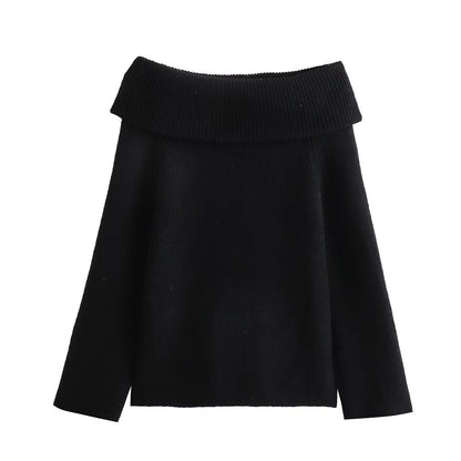 Off Shoulder Cropped Knitted Pullover Slash Neck Long Sleeve Female Sweater Autumn Lady Loose Jumpers Knit