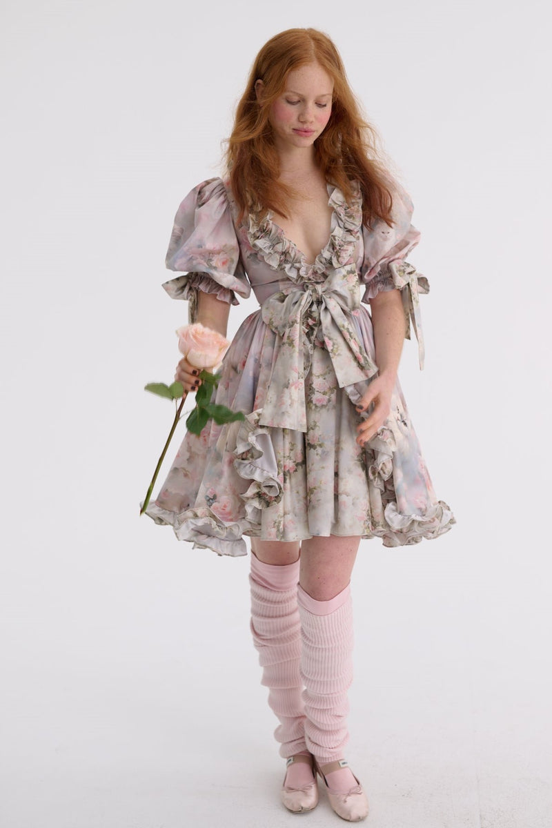 Frill V-neck Puff Sleeve Mini Dress