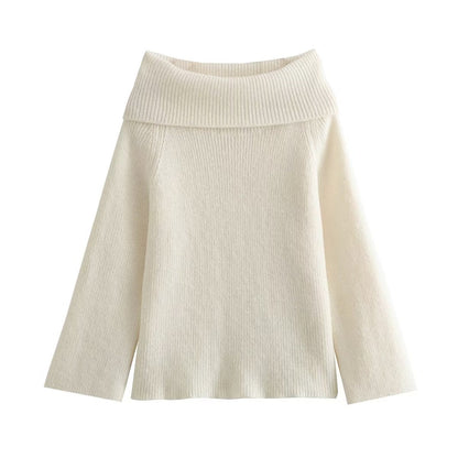 Off Shoulder Cropped Knitted Pullover Slash Neck Long Sleeve Female Sweater Autumn Lady Loose Jumpers Knit