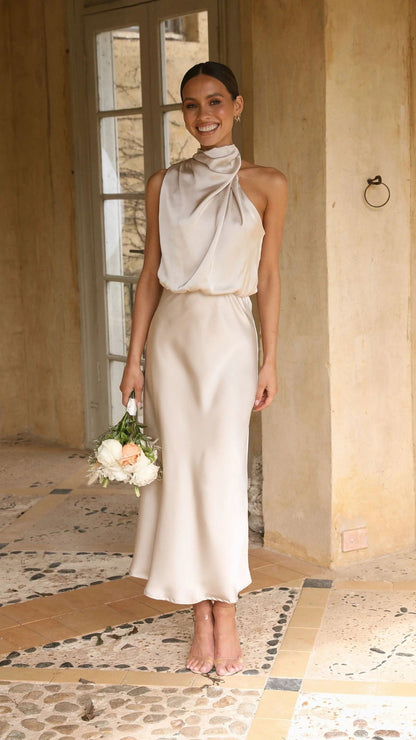 Curve Satin Ruched Halter Neck Maxi Dress in Orchid