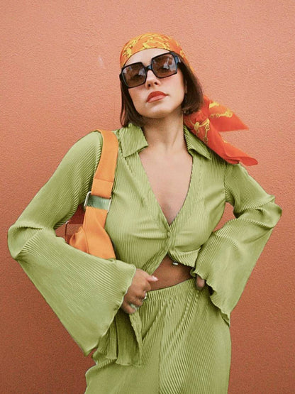 Loose Flared V-neck Pants Set