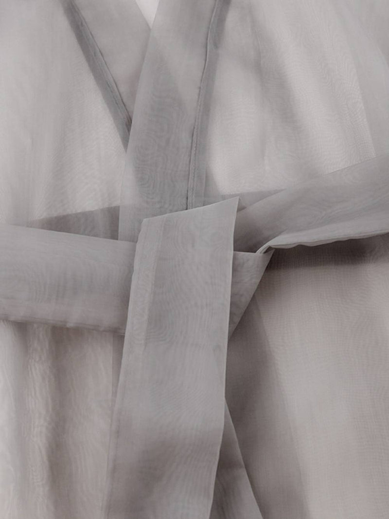 Sheer Top V Neck Long Puff Sleeves Bow Tie Blouse