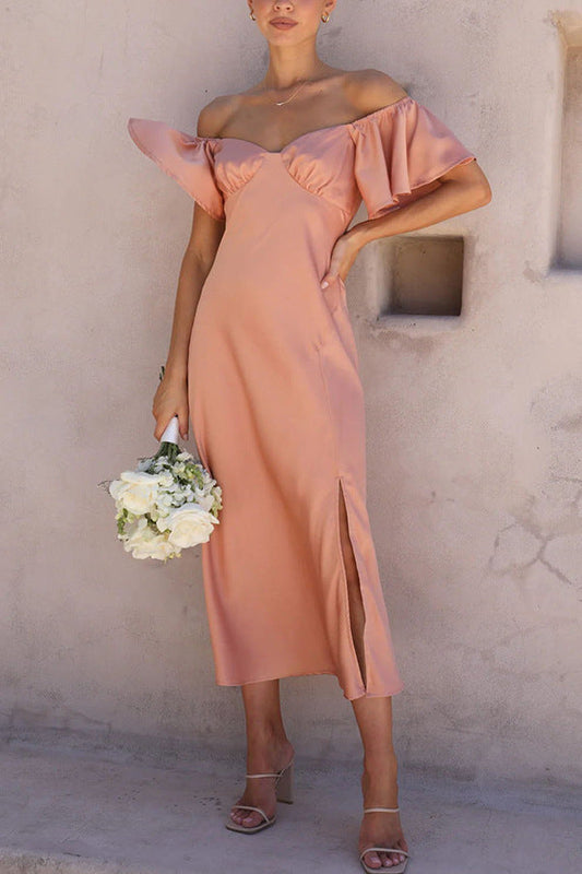 Side Split Midi Dress: Off the Shoulder Flutter Sleeve