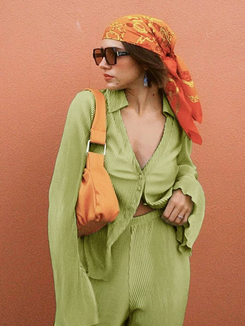 Loose Flared V-neck Pants Set