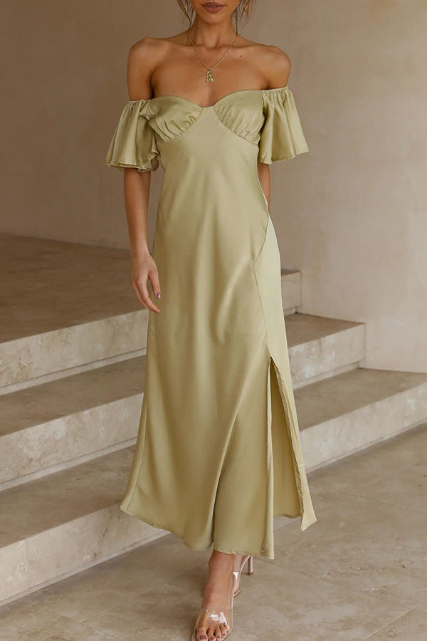Side Split Midi Dress: Off the Shoulder Flutter Sleeve