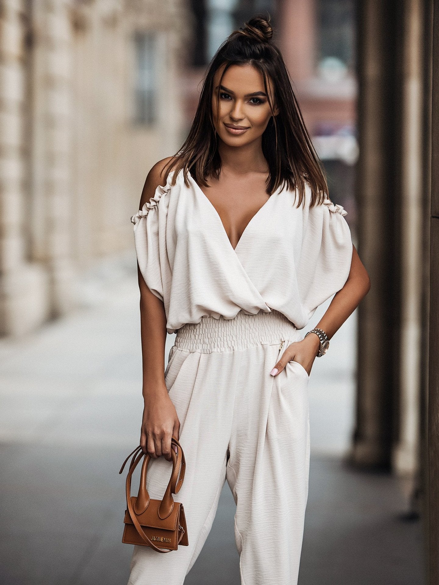 Trousers V Neck Pocket Elastic Waist Jumpsuit