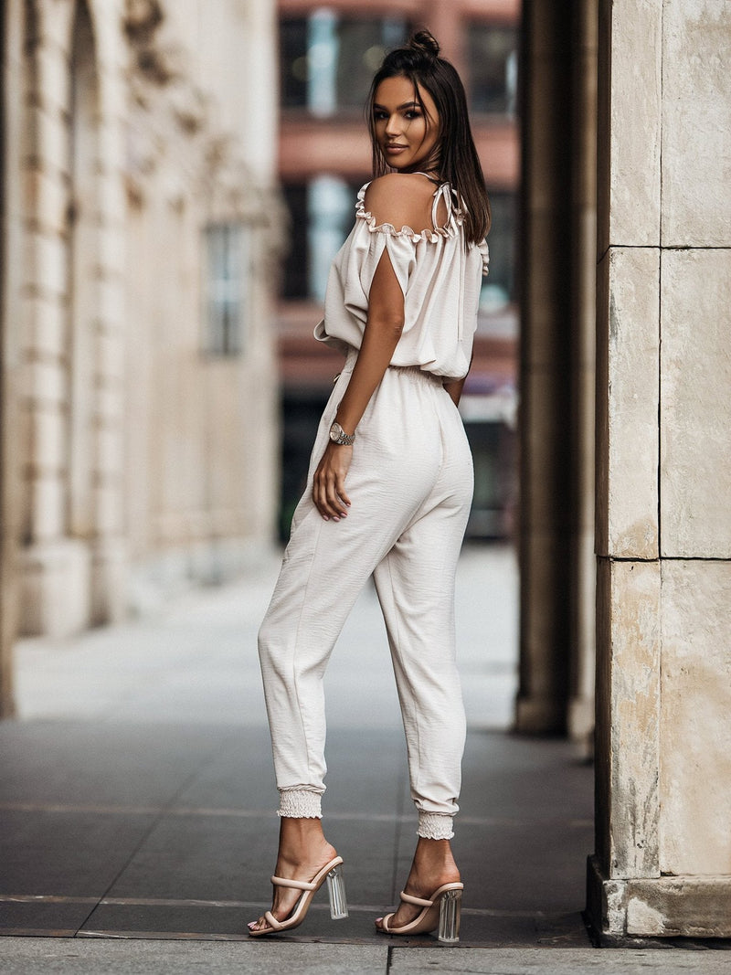Trousers V Neck Pocket Elastic Waist Jumpsuit