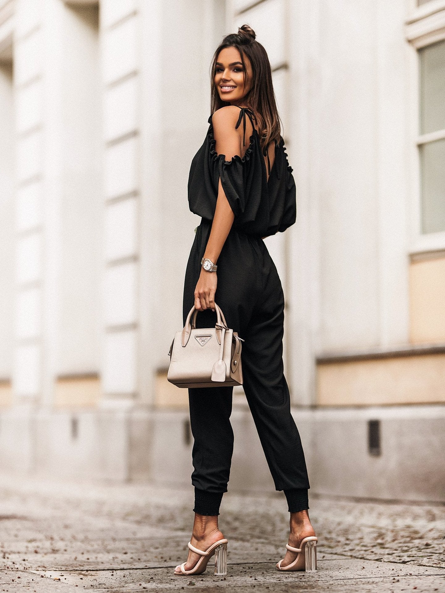 Trousers V Neck Pocket Elastic Waist Jumpsuit
