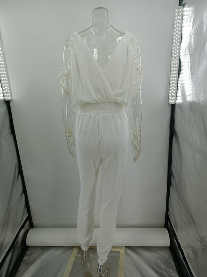 Trousers V Neck Pocket Elastic Waist Jumpsuit