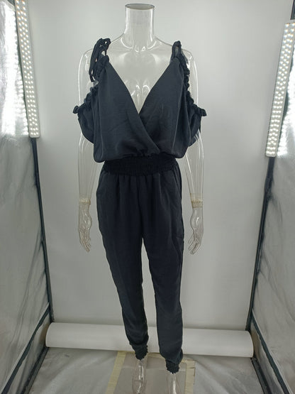 Trousers V Neck Pocket Elastic Waist Jumpsuit