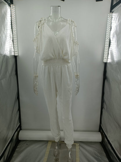 Trousers V Neck Pocket Elastic Waist Jumpsuit