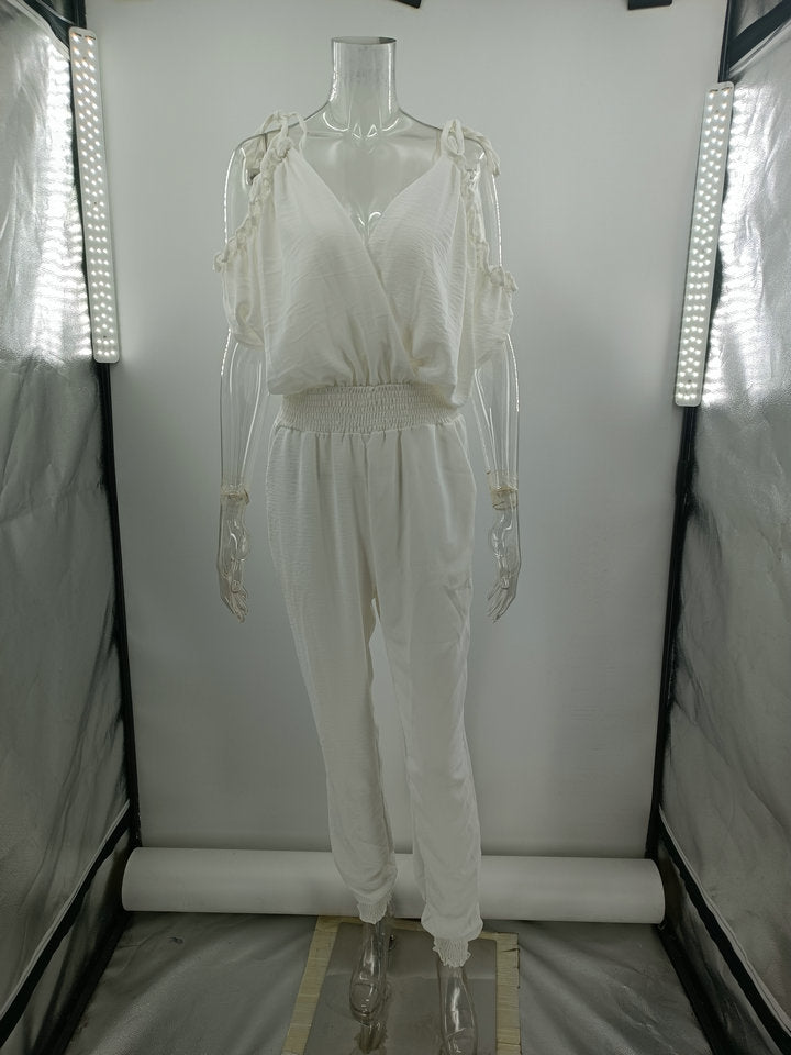 Trousers V Neck Pocket Elastic Waist Jumpsuit