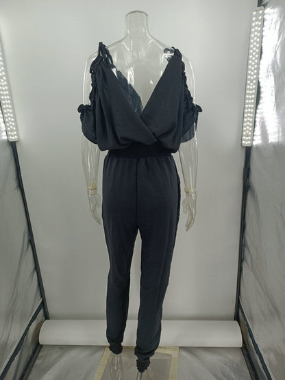Trousers V Neck Pocket Elastic Waist Jumpsuit