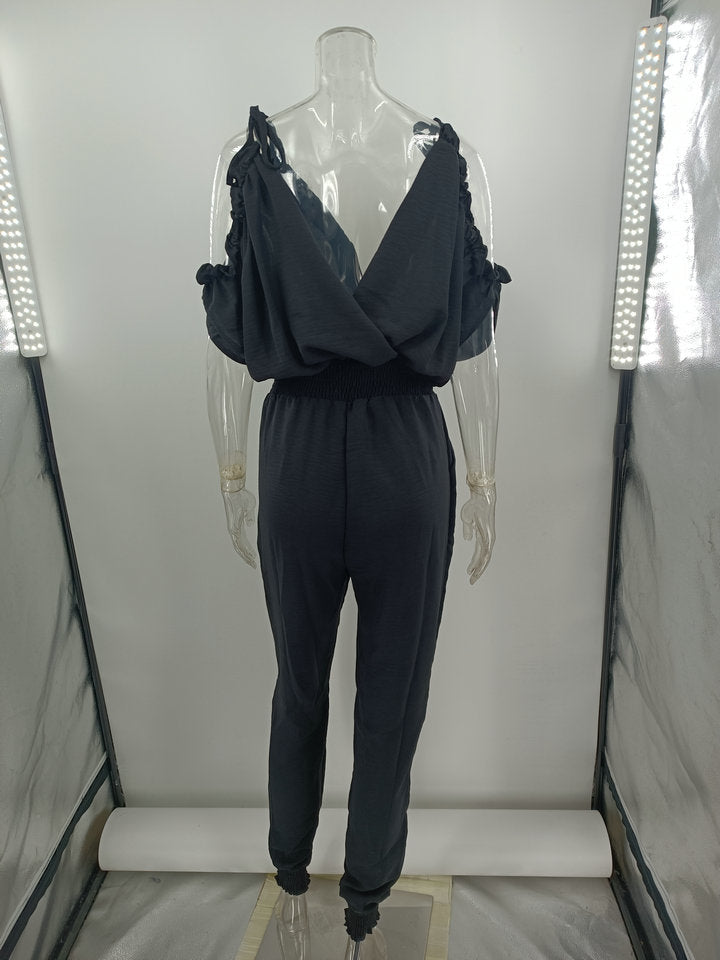 Trousers V Neck Pocket Elastic Waist Jumpsuit