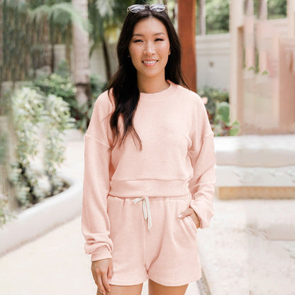 Autumn Winter Color Round Neck Pullover Long Sleeve Sweater Shorts Suit