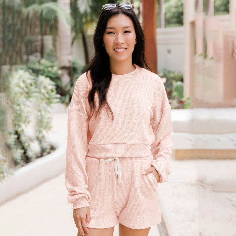 Autumn Winter Color Round Neck Pullover Long Sleeve Sweater Shorts Suit