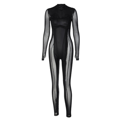 Clothing Autumn Stitching Mesh Round Neck Back Long Sleeve Zipper Jumpsuit