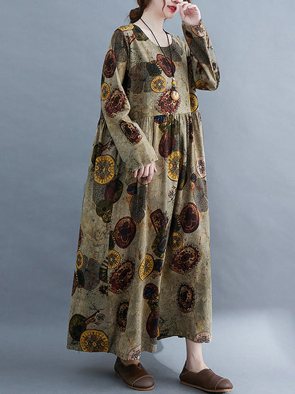 Artistic Retro Loose Long Sleeves Printed Round-neck Maxi Dresses