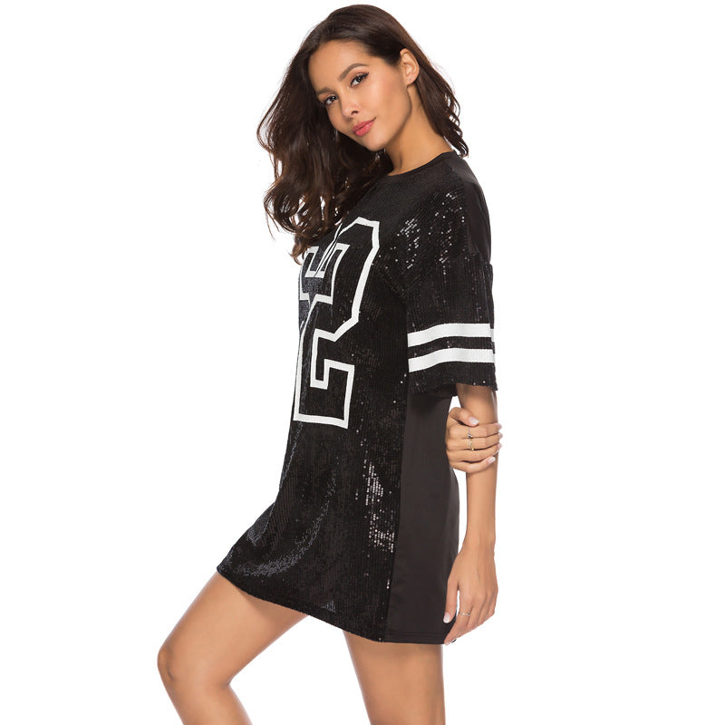 Mid-length Digital Printed Loose T-shirt Sequ Dress