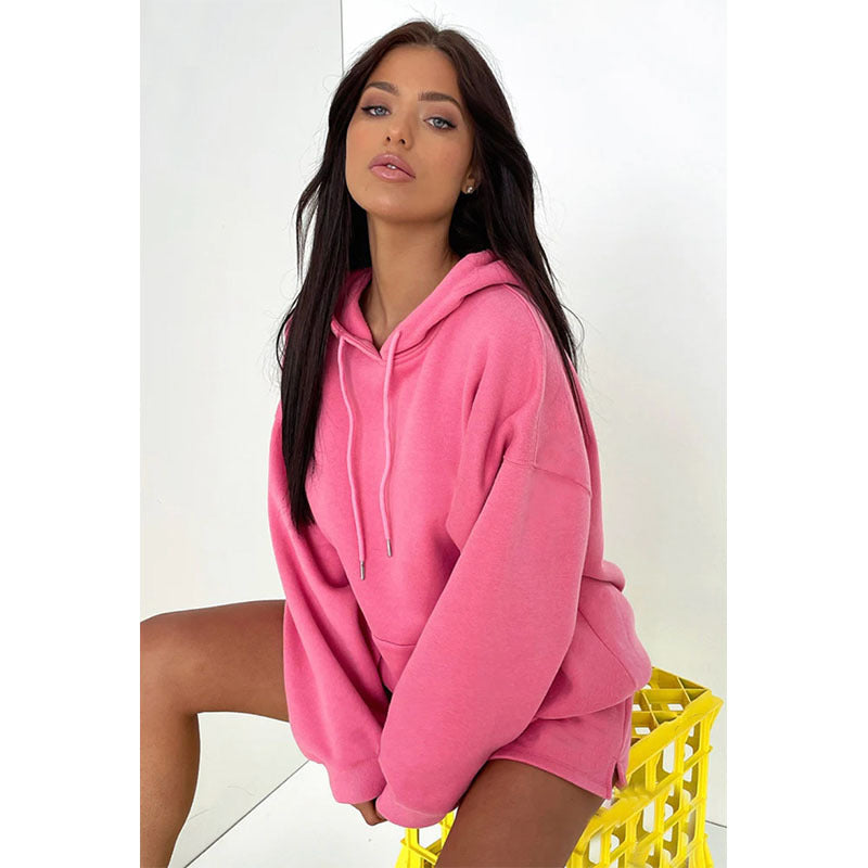 Autumn Winter Color Thickened Fleece Lined Hooded Long Sleeve Sweater Shorts Suit