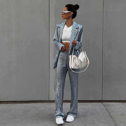 Early Autumn Clothing Long Sleeve Collared Bootleg Pants Printing Suit Matching Street