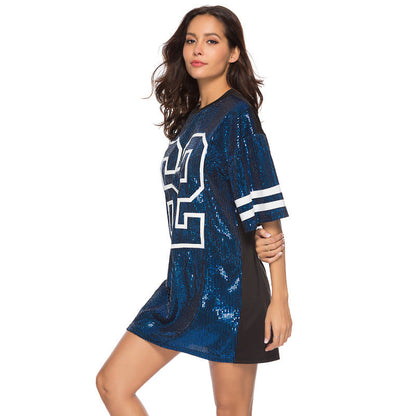 Mid-length Digital Printed Loose T-shirt Sequ Dress