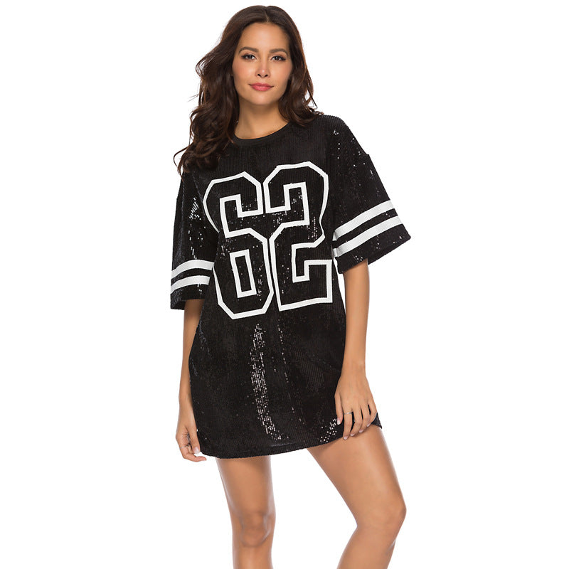 Mid-length Digital Printed Loose T-shirt Sequ Dress