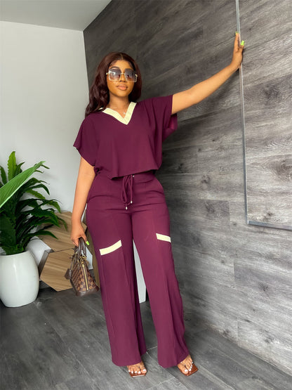 Color Short Sleeved T Shirt Sports Suit Straight Leg Pants Summer Two Piece Set