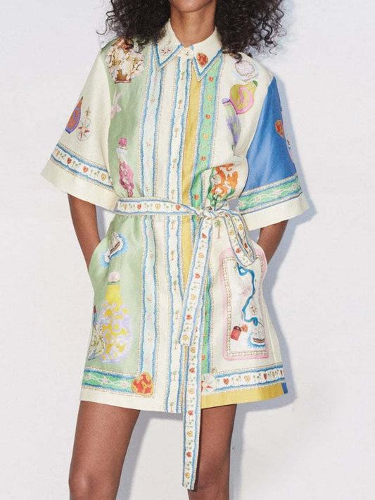 Unique Exquisite Oil Painting Print Lace-up Cardigan Mini Dress