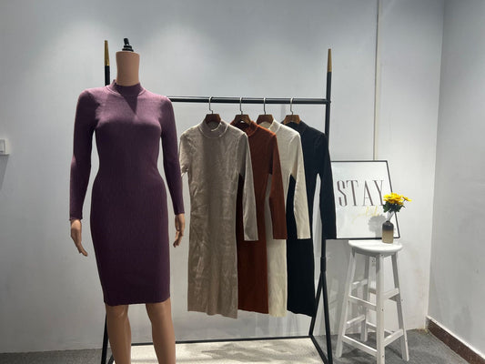 Sheath Half High Collar Inner Match Knitted Dress Fall Winter Outer Wear Thin Over the Knee Mid Length Sweater