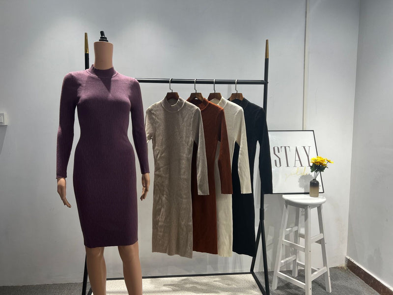Sheath Half High Collar Inner Match Knitted Dress Fall Winter Outer Wear Thin Over the Knee Mid Length Sweater