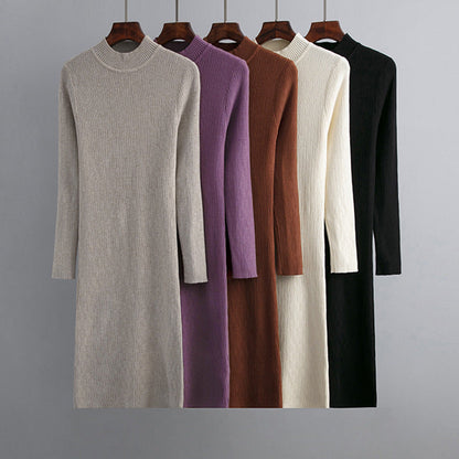 Sheath Half High Collar Inner Match Knitted Dress Fall Winter Outer Wear Thin Over the Knee Mid Length Sweater