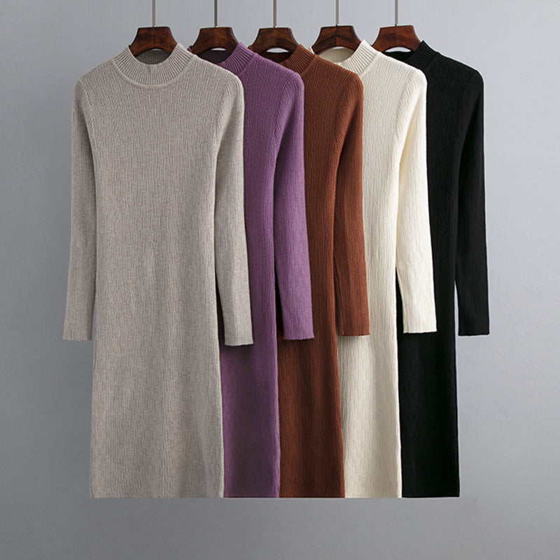 Sheath Half High Collar Inner Match Knitted Dress Fall Winter Outer Wear Thin Over the Knee Mid Length Sweater