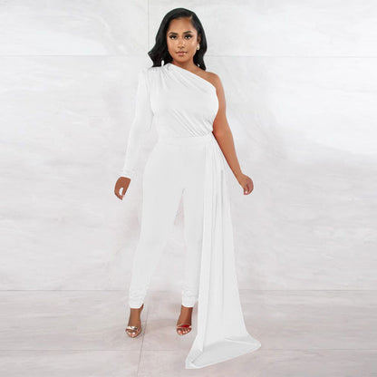 Autumn Pleated Shoulder Color Tight Jumpsuit