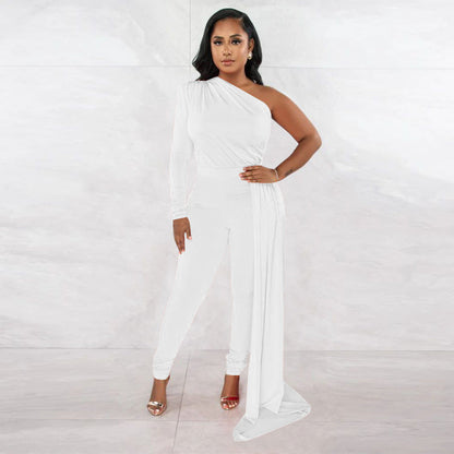 Autumn Pleated Shoulder Color Tight Jumpsuit