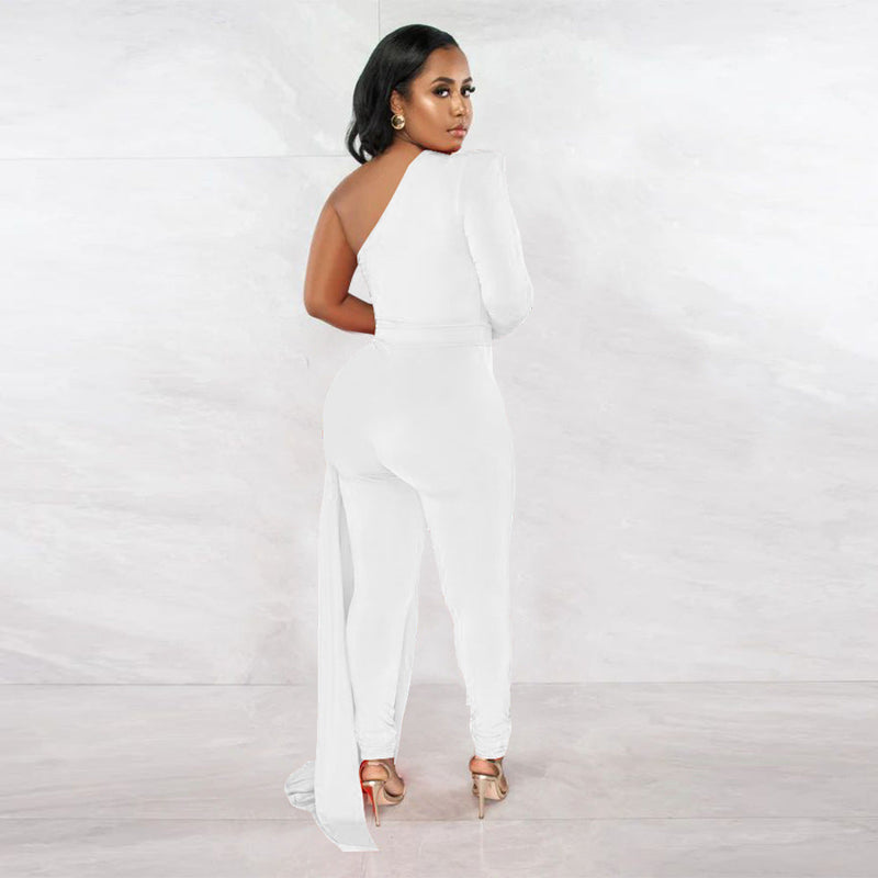 Autumn Pleated Shoulder Color Tight Jumpsuit