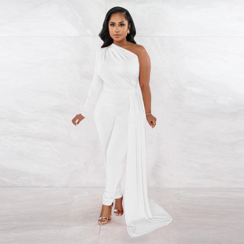 Autumn Pleated Shoulder Color Tight Jumpsuit