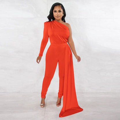 Autumn Pleated Shoulder Color Tight Jumpsuit