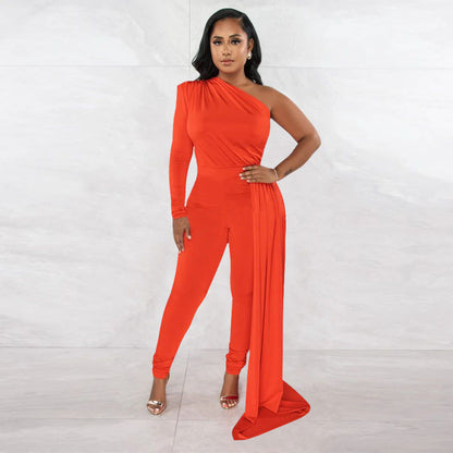 Autumn Pleated Shoulder Color Tight Jumpsuit
