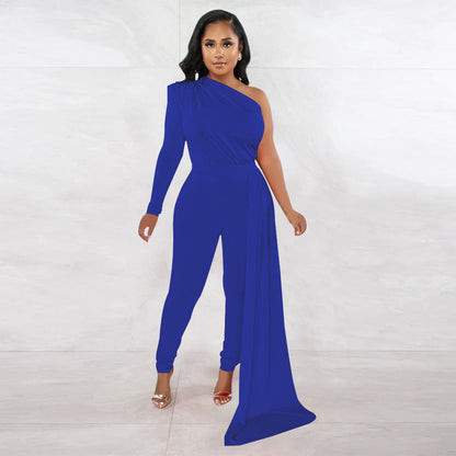 Autumn Pleated Shoulder Color Tight Jumpsuit
