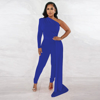 Autumn Pleated Shoulder Color Tight Jumpsuit