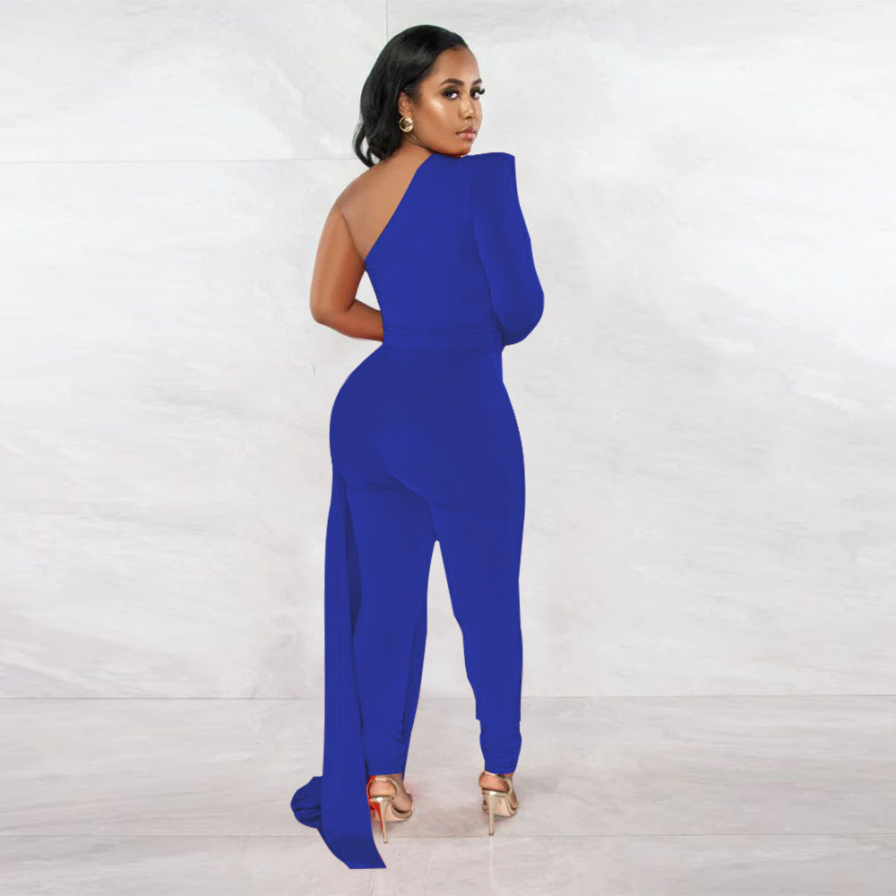 Autumn Pleated Shoulder Color Tight Jumpsuit
