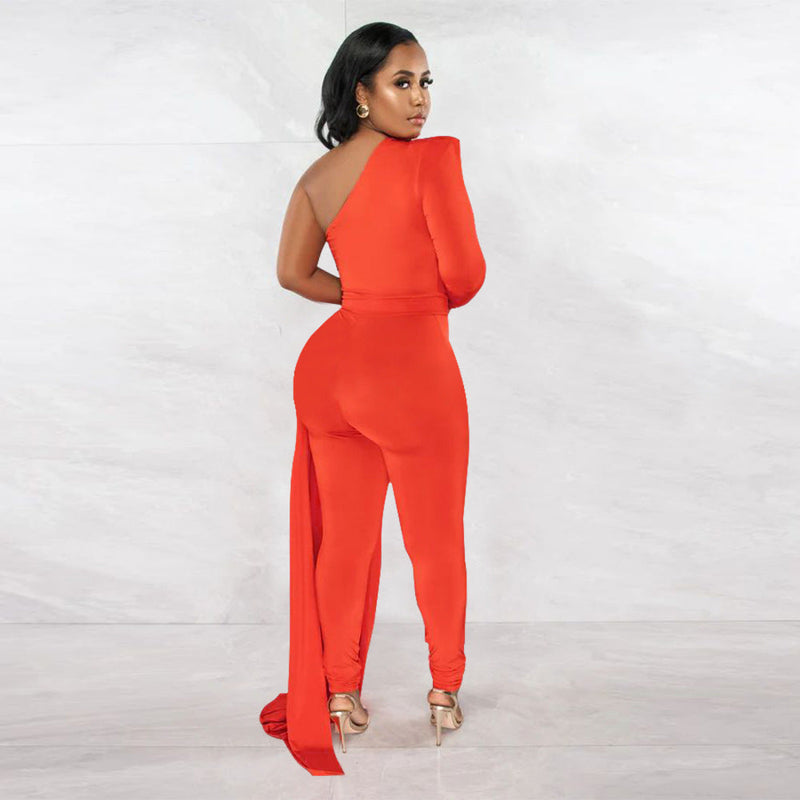 Autumn Pleated Shoulder Color Tight Jumpsuit