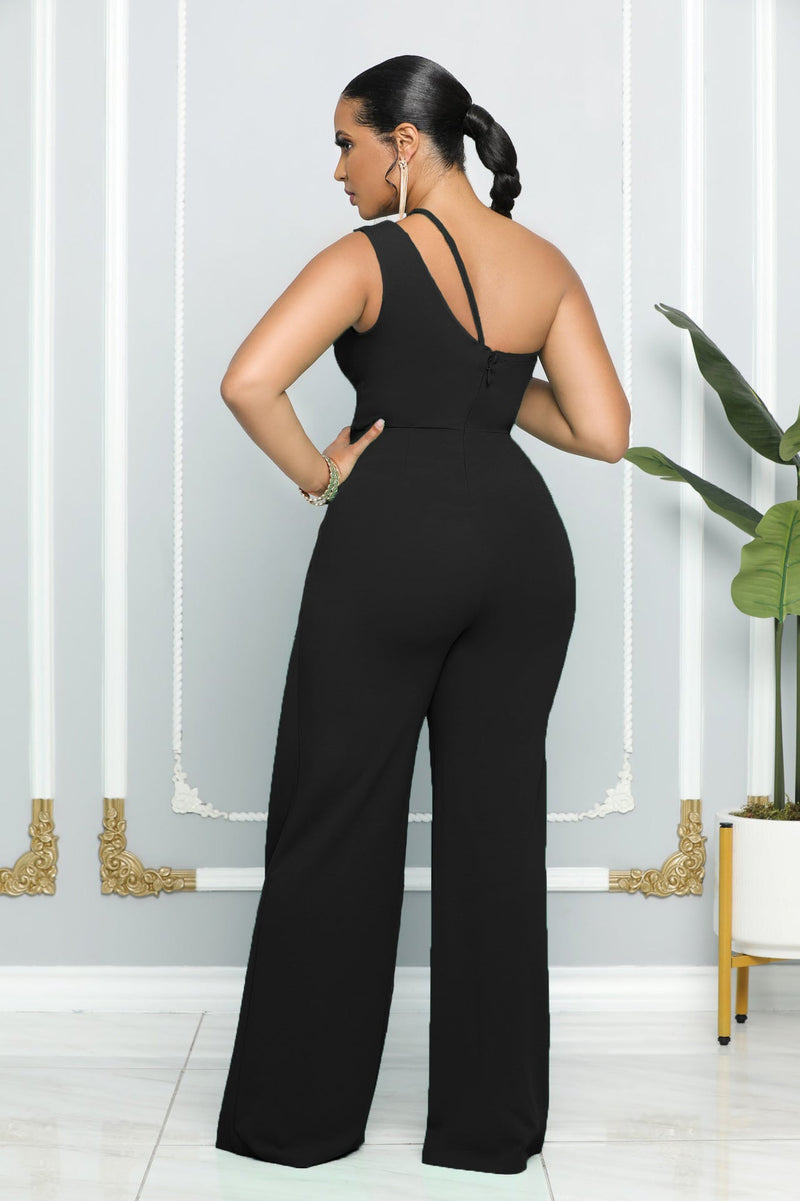 Sleeveless Single Shoulder Suspender High Waist Office Straight Jumpsuit
