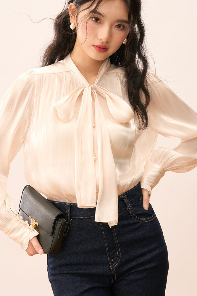 Shiny Ribbon-tie Romantic Blouse