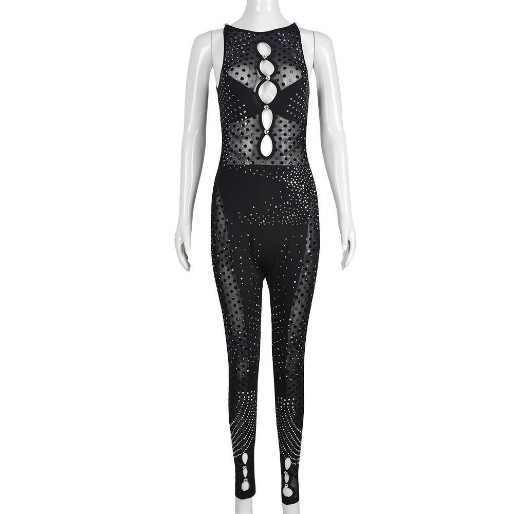 Sleeveless Mesh Rhinestone Zipper Hollow Out Cutout Crew Neck Flocking Jumpsuit
