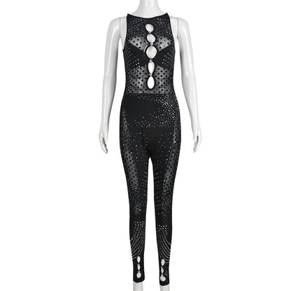 Sleeveless Mesh Rhinestone Zipper Hollow Out Cutout Crew Neck Flocking Jumpsuit
