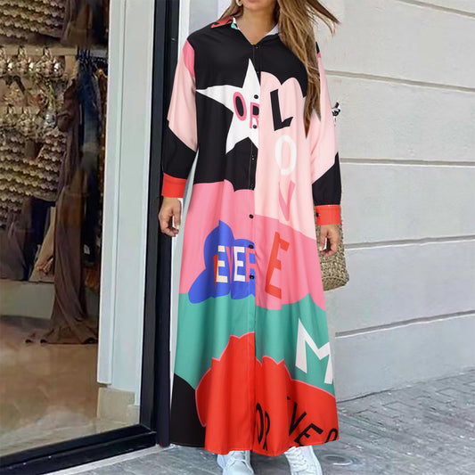 New Long Sleeve Printed Shirt Long Dress Positioning Flower